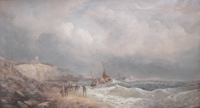 Attributed to Henry Redmore (1820-1887), 'After the storm', shipwreck with wreckers on the beach, unsigned, oil on canvas, 45 x 80cm, ornate gilt frame